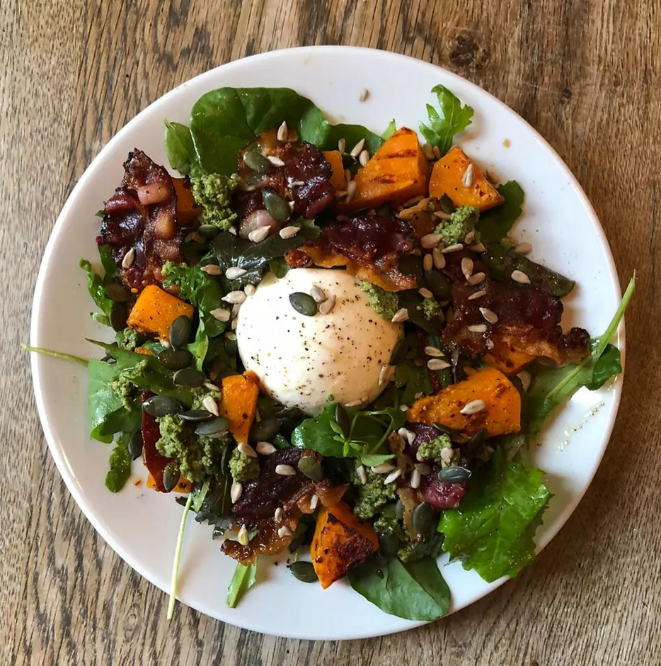burrata salad with crispy bath chaps, old win pesto and roasted squash